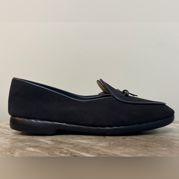 Belgian Shoes Midinette Slippers Navy Blue Suede Loafers 5.5 Flats Bow Tie - Picture 3 of 11
